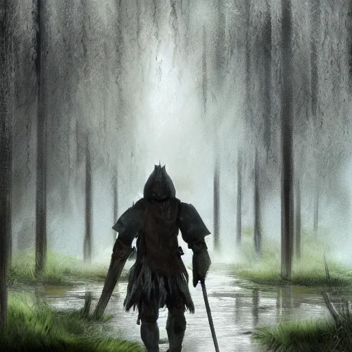 Image similar to concept art of a ragged looking knight walking through a swamp, foggy, weeping trees, torch in hand, high detail, trending on artstation, masterpiece, fantasy, high resolution, focus