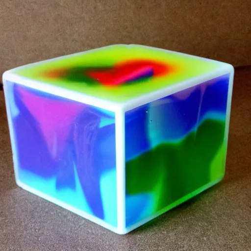 Prompt: a cube made of warping melting plastic