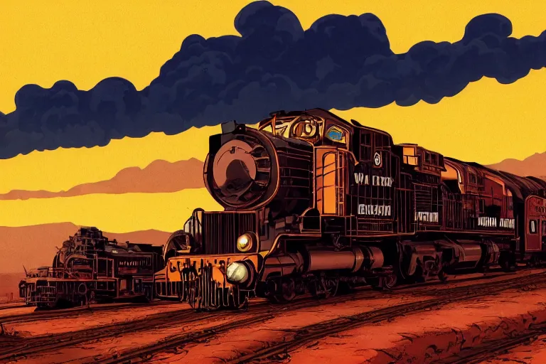 Image similar to old western freight train illustration by joe fenton and syd mead, artstation, 4 k, graphic novel, concept art, matte painting, steam engine spewing billowy white clouds of steam, beautiful idyllic mountain desert sunset background, golden hour