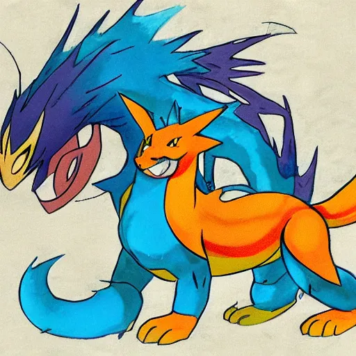 Prompt: never before seen fire type pokemon, illustrated by tokiya and ken sugimori, concept art
