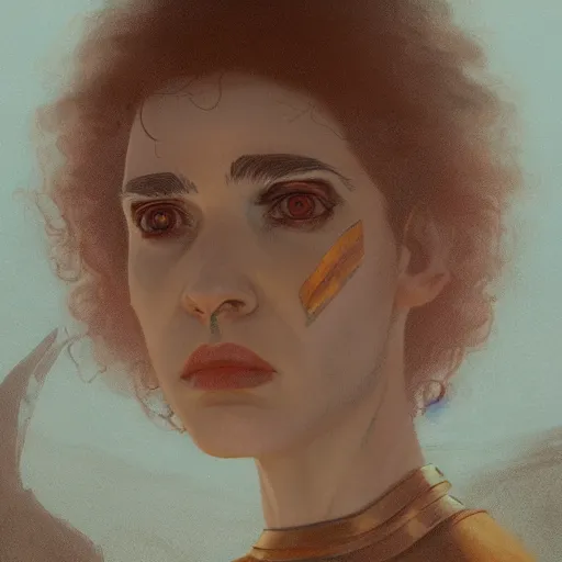 Image similar to Portrait of Grimes (Met Gala 2021) in Dune 1984, illustrated by Greg Rutkowski, trending on artstation, artstationHQ, artstationHD, 4k, 8k