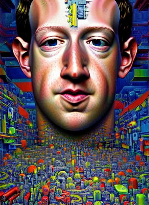 Image similar to hyper detailed 3d render like an Oil painting - Portrait of Mark Zuckerberg as a cyborg by Jacek Yerka, Mariusz Lewandowski, Houdini algorithmic generative render, Abstract brush strokes, Masterpiece, Edward Hopper and James Gilleard, Zdzislaw Beksinski, Mark Ryden, Wolfgang Lettl, hints of Yayoi Kasuma, octane render, 8k