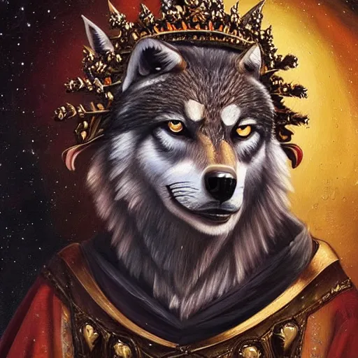 Prompt: “an oil painting portrait of a wolf wearing medieval royal robe and an ornate crown on a dark nebula background” digital Art, concept Art, highly detailed, 3-D 4K, trending on art station, Award winning, Mark Brooks,