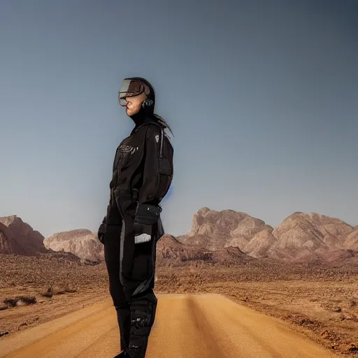 Prompt: photograph of a techwear woman, closeup, on a desert road with a futuristic city in the horizon, long exposure, sigma 85mm f/1.4, 4k, depth of field, high resolution, 4k, 8k, hd, full color