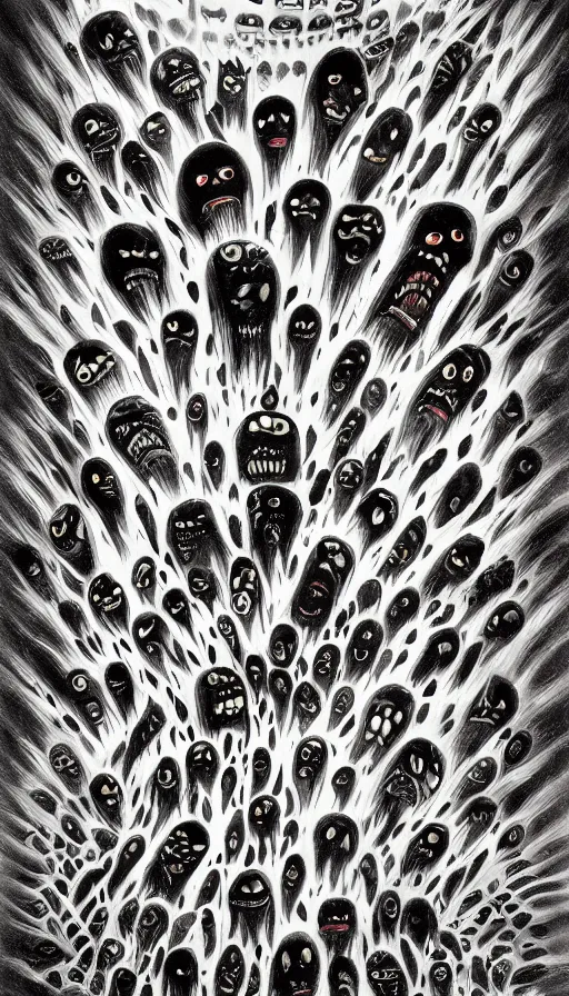 Image similar to a storm vortex made of many demonic eyes and teeth, by charles addams