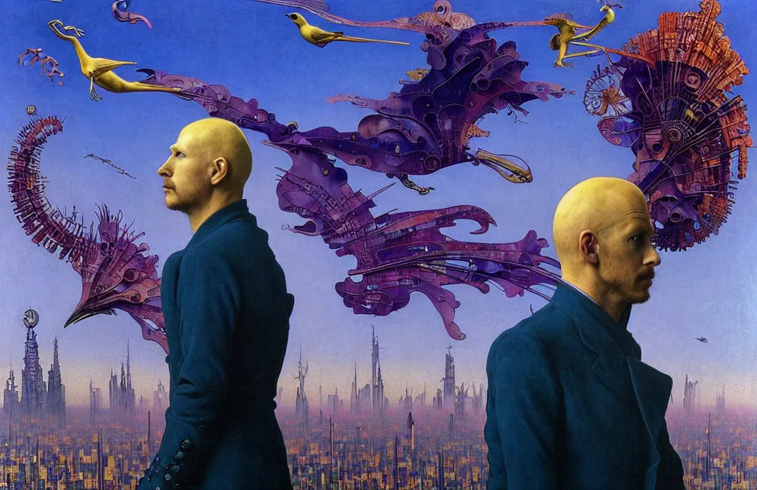 Image similar to realistic detailed portrait movie shot of a birdman wearing violet leather coat, sci fi city landscape background by denis villeneuve, amano, yves tanguy, alphonse mucha, ernst haeckel, max ernst, roger dean, masterpiece, rich moody colours, blue eyes