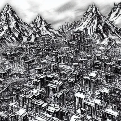 Prompt: Cyberpunk futuristic mountain village by Kentaro Miura, highly detailed, black and white