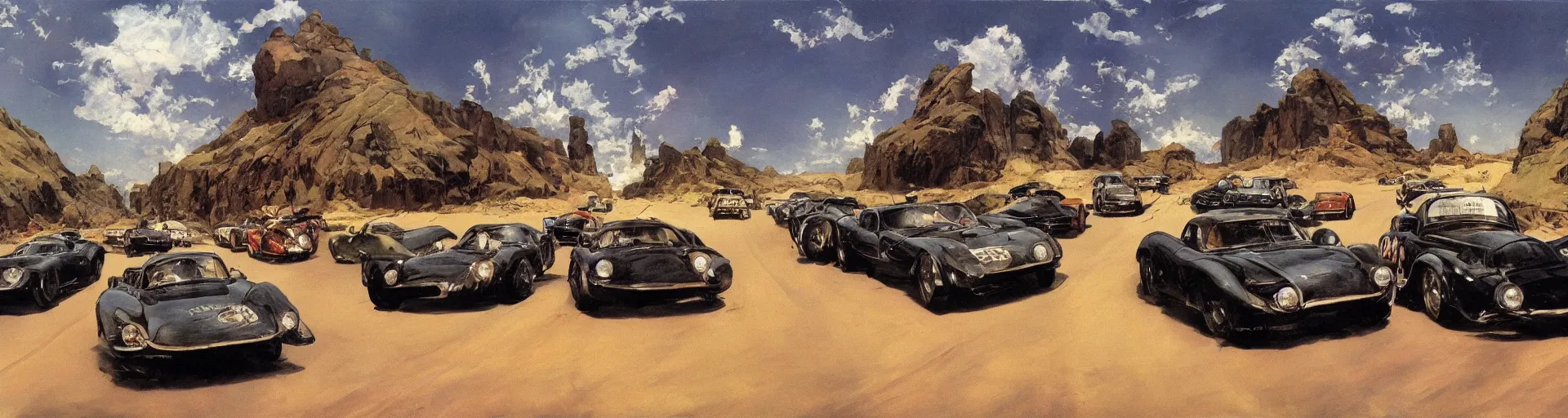Image similar to a detailed road with racing cars by frank frazetta