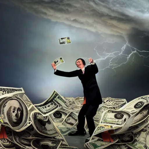 Prompt: <picture quality=hd+ mode='attention grabbing'>man throwing cash into a tornado</picture>