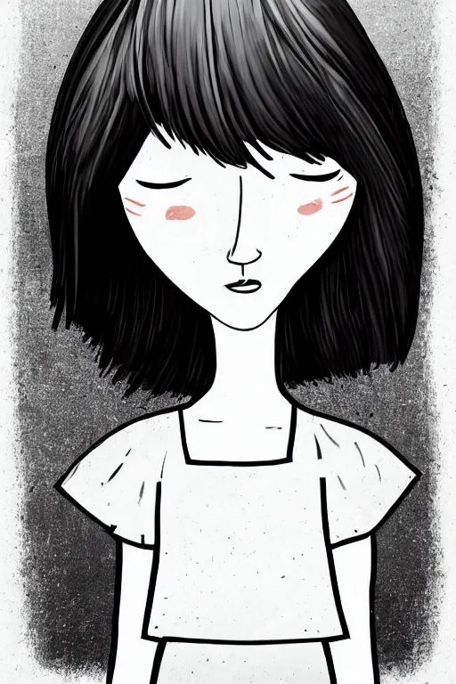 Prompt: portrait of a girl in long pants and a top, hands in pockets, eyes closed, bob haircut, digital art, black and white, lineart by bakartstudio 7