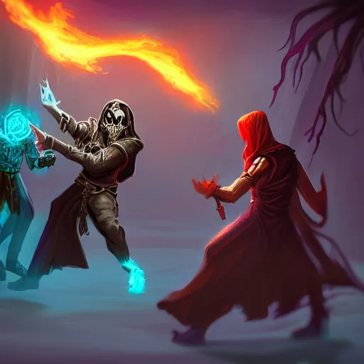 Image similar to a necromancer is fighting a warlock with magic spells , epic fight scene , Grim fantasy, illustration , concept art,