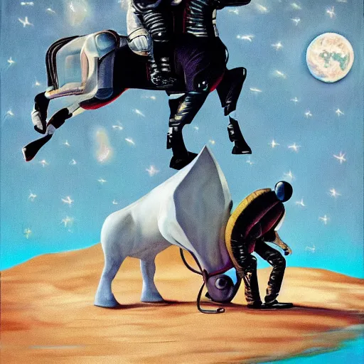 Prompt: surreal art astronaut standing on all fours and horsey stand on him