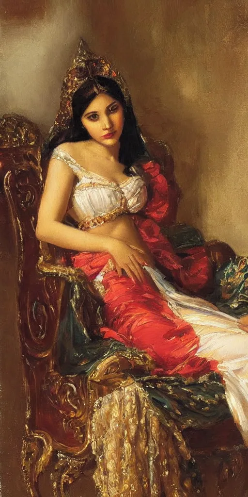 Prompt: romantic period style highly atmospheric oil painting of a beautiful middle eastern princess lounging on a chair, wearing a golden veil