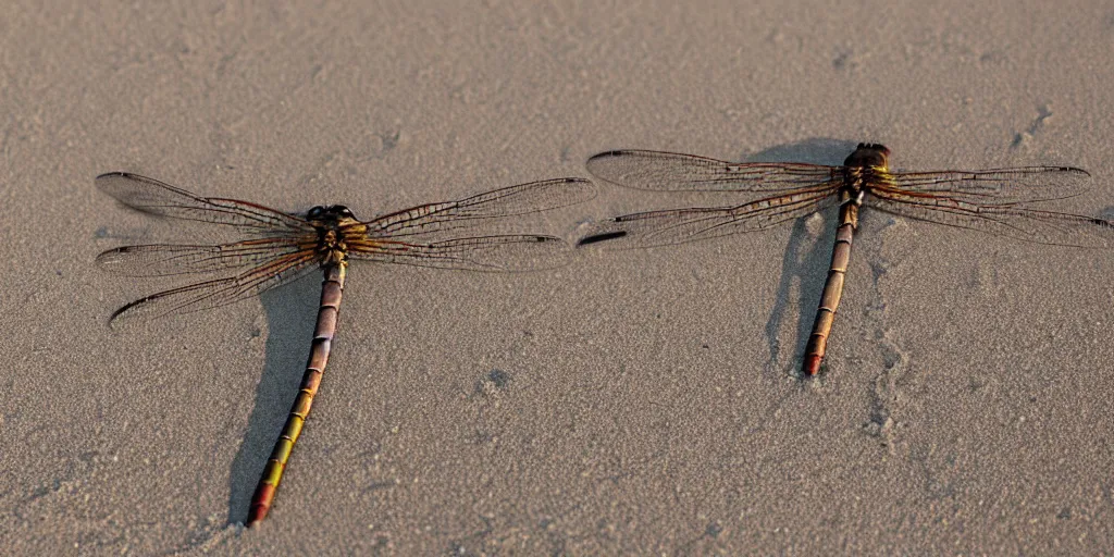 Image similar to deadly dangerous dragonfly on the sand beach in the last rays of evening sun trying to eat all of the peoples, high detailed scene from ridley scott movie