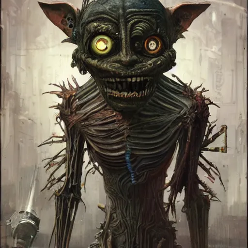 Prompt: ragged cyborg goblin with maniacal expression and bulging eyes inside byzantine hong kong hoarder labaratory, portrait by by greg rutkowski and h. r. giger and stalenhag and deak ferrand, studio ghibli composition