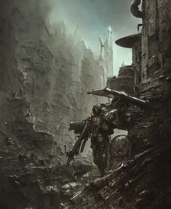 Image similar to a soldier in steampunk armour taking cover from artillery bombardment in a gritty trench, by HR Giger and Beksiński and Stephan Martiniere , 4k resolution, detailed, trending on artstation