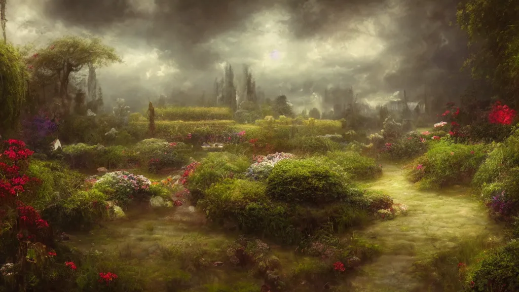 Image similar to a surreal dreamlike scene of a garden in the clouds, somber melancholic matte painting, highly detailed oil painting, liminal space, 8k, stillness, solitude, warm lovely sentimental atmosphere, masterpiece