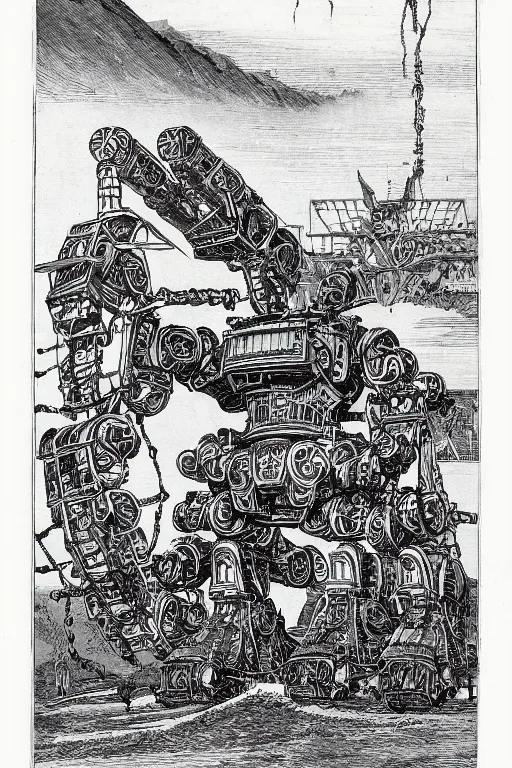 Image similar to 19th century wood-engraving of a Meiji era Japanese bipedal war mecha, whole page illustration from Jules Verne book, art by Édouard Riou Jules Férat and Henri de Montaut, high quality, beautiful, highly detailed, removed watermarks