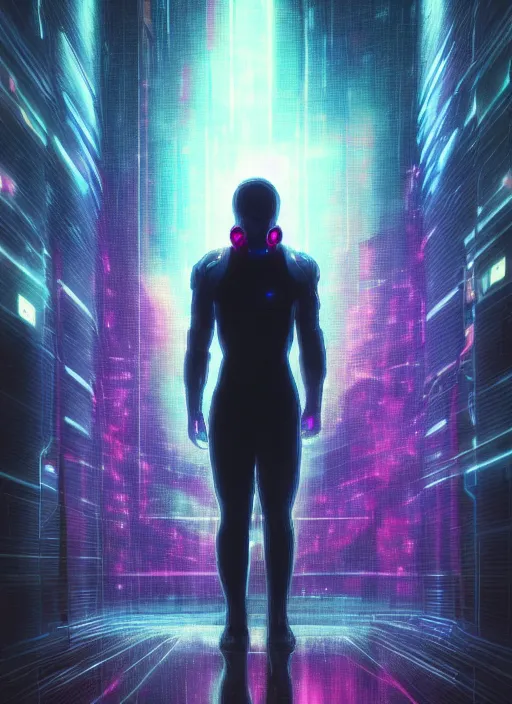 Prompt: one cyber godly person made of cosmic nebula galaxy energy watching a rainy colorful dark complex cyberpunk futuristic city from behind at night through a window in a room, reflections, high contrast, 8 k, photorealistic, concept art, wet, highly detailed, cinematic mood by ridley scott, ghost in the shell, trending on artstation, glowing lights, sharp focus, epic
