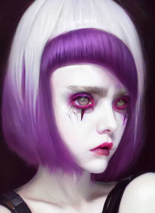 Image similar to portrait of white teenage girl, normal face, white bangs, mall goth, cyberlox, black and white hair, bangs, fluffy bangs, red contact lenses, purple lipstick, intricate, elegant, highly detailed, digital painting, artstation, concept art, sharp focus, smooth, illustration, art by wlop, mars ravelo and greg rutkowski