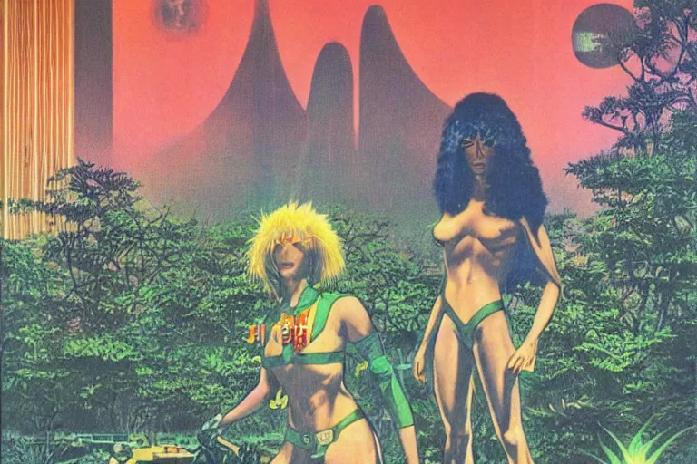 Image similar to 1 9 7 9 omni magazine cover of a nature druid elf at a garden park in neo - tokyo in the clouds of jupiter, in cyberpunk style, by vincent di fate