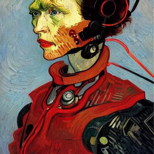 Image similar to Van Gogh portrait painting of a cyborg girl with black and red robotic parts, medium shot, asymmetrical, profile picture, Organic Painting, sunny day, Matte Painting, bold shapes, hard edges, street art, trending on artstation, by Huang Guangjian and Gil Elvgren and Sachin Teng