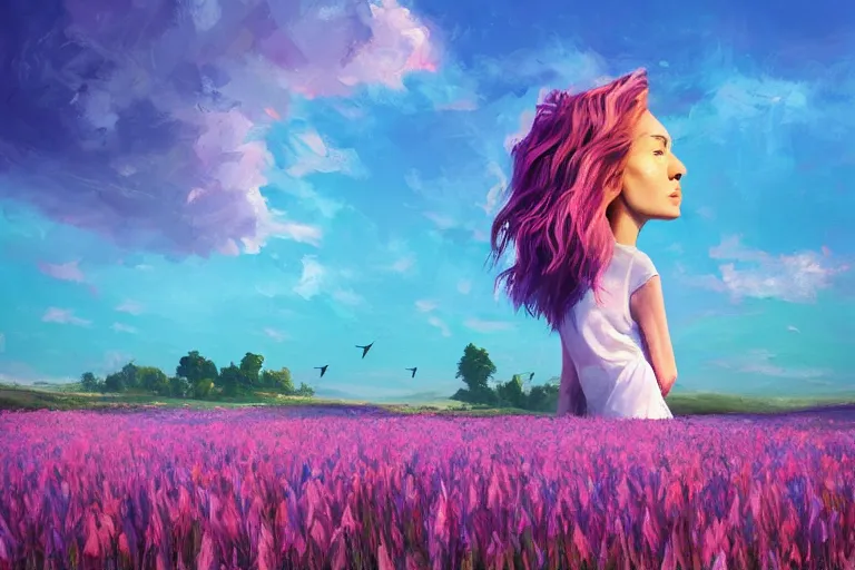 Image similar to giant gladiola head, girl walking in field of flowers, surreal photography, sunrise, blue sky, dramatic light, impressionist painting, digital painting, artstation, simon stalenhag