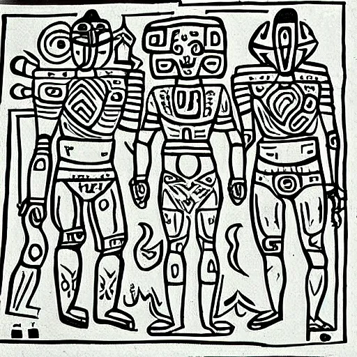 Image similar to Mayan drawing of stereotypical aliens visiting Aztecs on a UFO