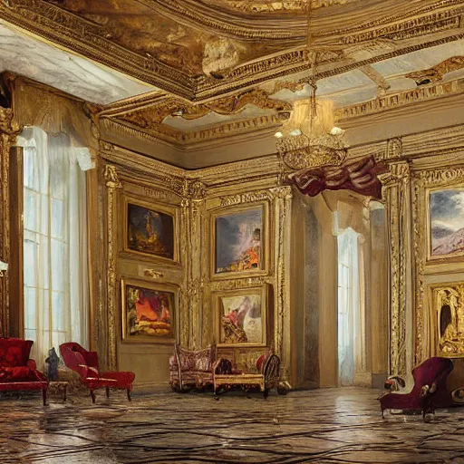 Prompt: 8k highly detailed oil matte painting by Charles Landelle of an art gallery wall with many oil paintings, decadent throne room, ornate furniture, ornate French architecture