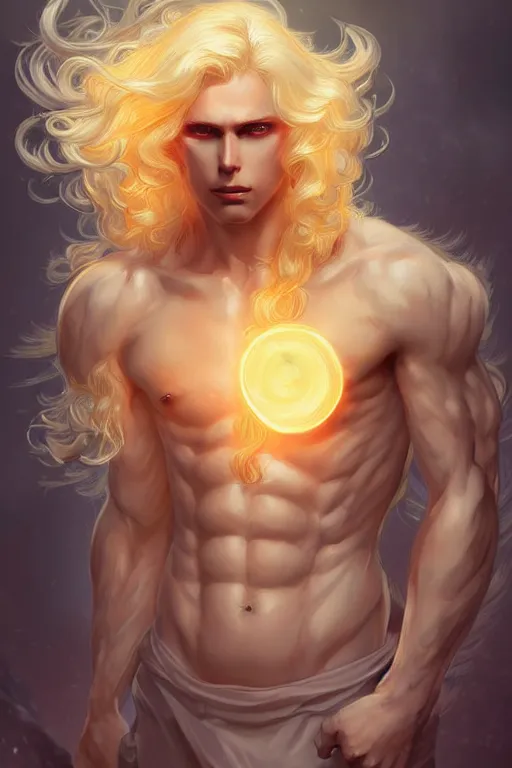 Image similar to digital art of a pale menacing male Cyborg Angel of Battle with fluffy blond curls of hair and piercing eyes, central composition, he commands the fiery power of resonance and wrath, very very long blond curly hair, baroque curls, by WLOP, Artstation, CGsociety