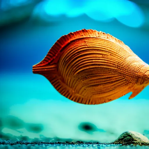 Image similar to a seashell sculpture of a fish, photorealistic, macro lens, 4K