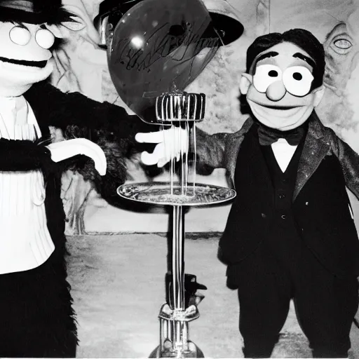 Image similar to 2 mobster bert and ernie, 1 9 2 0 s gansters, party and champagne fountain in the background, sesame street in the 1 9 2 0's, 3 5 mm film, black and white photography, artwork by nan goldin