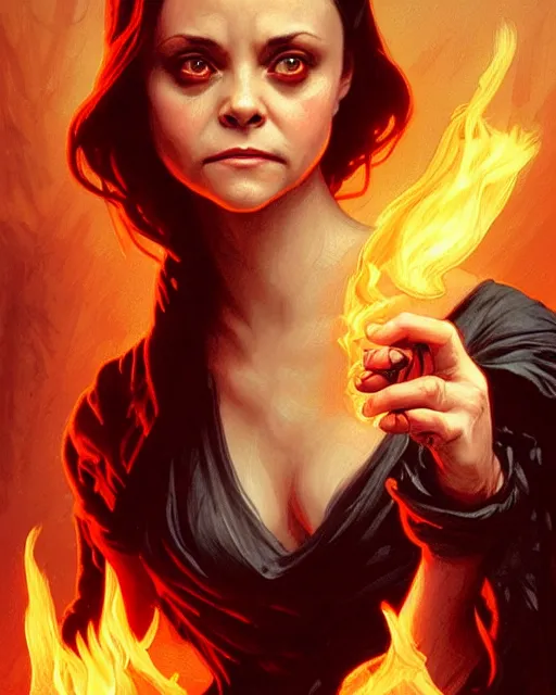 Image similar to Christina Ricci from Sleepy Hollow (1999) casting a fire spell, D&D, fantasy, intricate, elegant, highly detailed, digital painting, artstation, concept art, matte, sharp focus, illustration, hearthstone, art by Artgerm and Greg Rutkowski and Alphonse Mucha