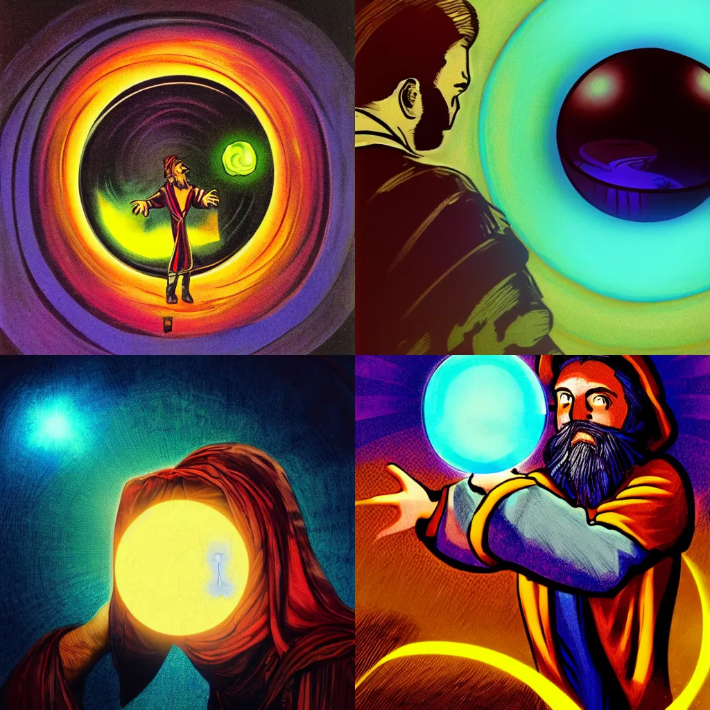 Prompt: A wizard peering into a magic orb swirling with magic, dramatic lighting and colors, in the style of 1970s vintage art