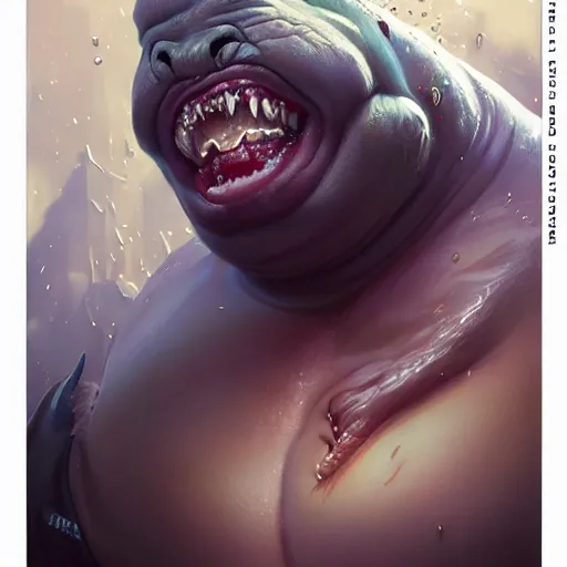 Image similar to hyper realistic, close up portrait of a mega derpy disgusting fat slob by greg rutkowski, scott m fischer, artgerm, loish, slight glow, atmospheric, anne stokes, alexandros pyromallis