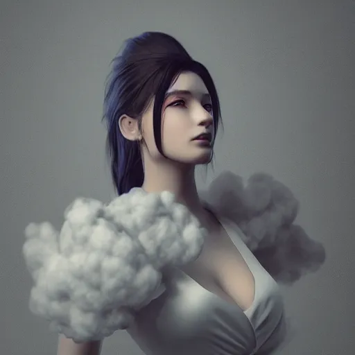 Image similar to beautiful girl in full gown blowing clouds, portrait character concept style trending on artstation concept art detailed octane render cinematic photo - realistic 8 k high detailed