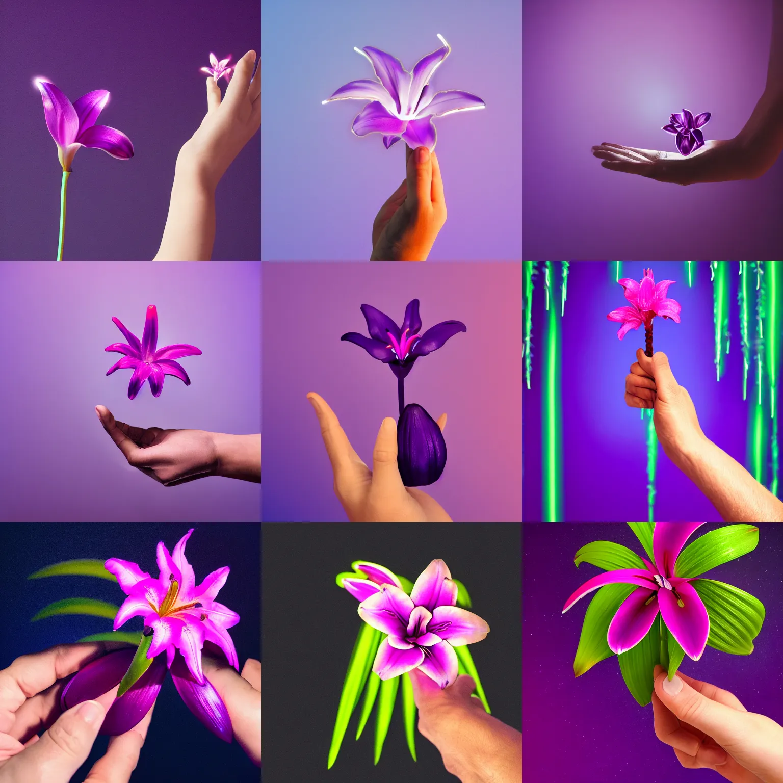 Prompt: hand holding on palm neon lily one flower, studio shot, dark purple background, studio lighting, night dramatic lighting, trending on ArtStation, concept art, no surroundings, high detail, ray tracing, picturesque artwork by Mike Winkelmann, 4K, 8K, super graphically realistic detailed, high definition, HDR