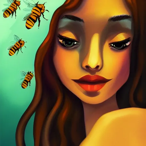 Image similar to face portrait of a woman inspired by lois van baarle, honeycomb, bees, summer, honey