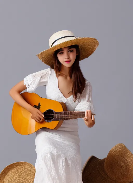 Image similar to Fine Image on the store website, eBay, Full body, 80mm resin figure of a cute girl in straw hat and white dress playing guitar, environmental light from the front