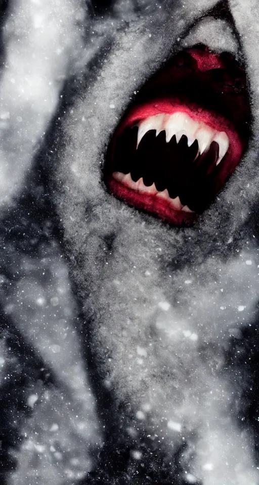 Prompt: up close shot of vampire fangs, winter, dark scenery, dark lighting, cinematic, cold freezing nights, laser lights, crybernetic, top floor boss shit, destroy lonely, black floor, lavish, luxurious, marble walls, cinematic, hyper realism, high detail, octane render, 8 k