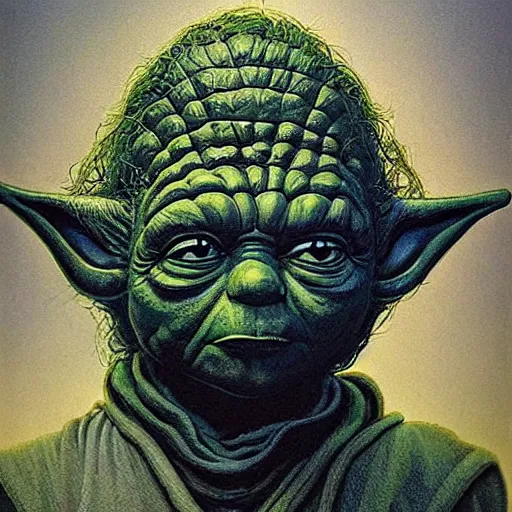 Prompt: yoda on a rock, fluid, smooth, organic, crazy, bright, colours, tumours, high contrast, sharpness, dramatic, very detailed, intricate, by giger and corben and moebius and beksinski and bosch and bacon