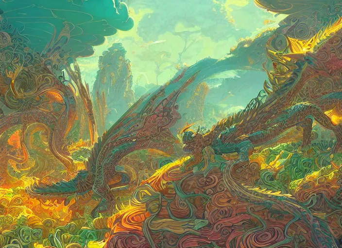 Image similar to psychedelic concept art of a dragon landscape made of thousands of spiraling dragons, cel shaded, in the style of makoto shinkai and moebius and peter mohrbacher and anton fadeev