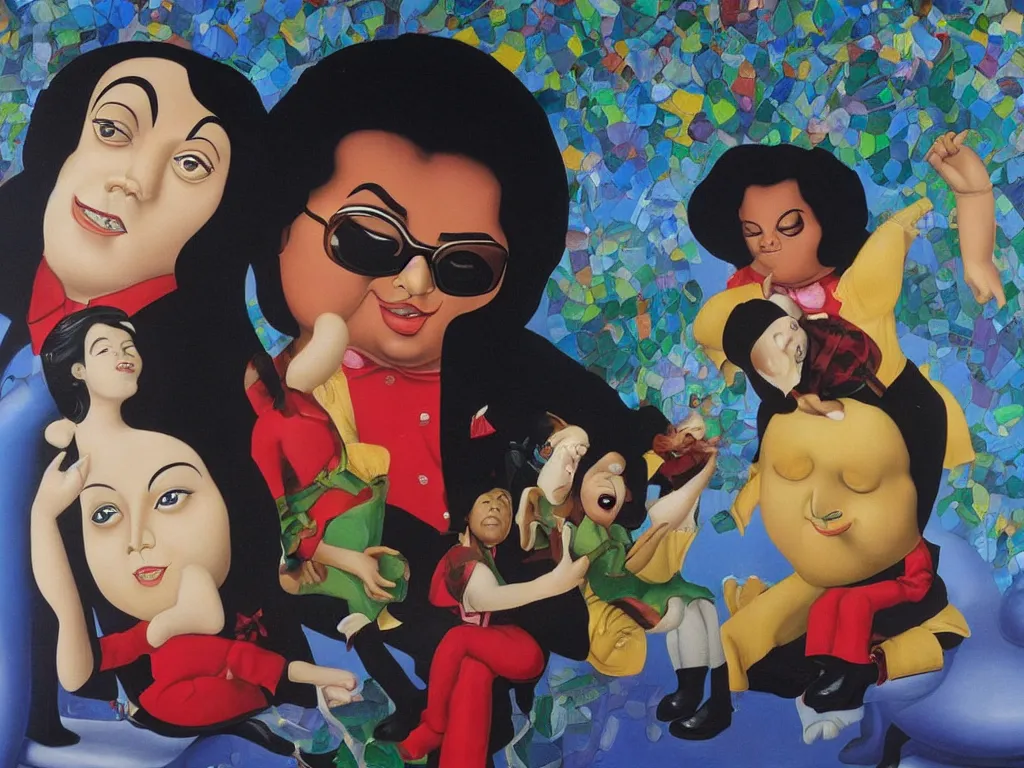 Image similar to Michael Jackson and Bubbles painted by Botero