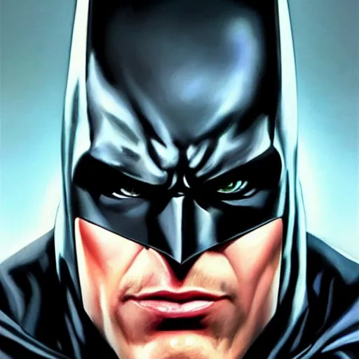 Image similar to An ultra-realistic portrait painting of Batman in the style of Alex Ross. 4K. Ultra-realistic. Extremely detailed. Epic lighting. Award-winning