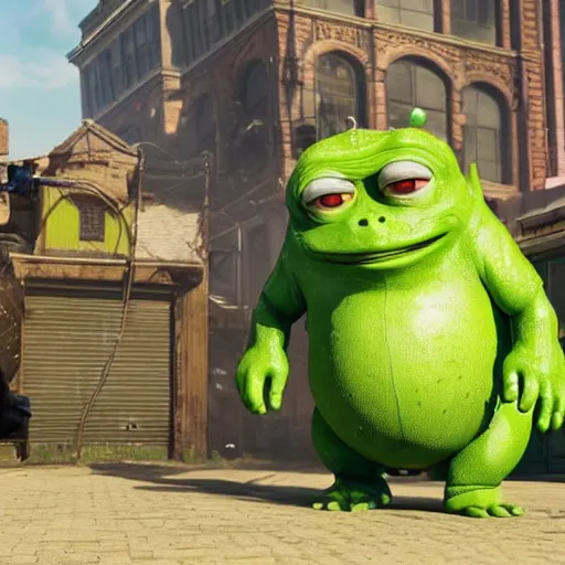 Image similar to mr. bean godzilla super mario pickle rick yoda donkey kong pikachu yeti shrek spongebob homer groot kermit in gears of war, splash art, movie still, detailed face, photorealistic facial features, cinematic lighting, dramatic, octane render, long lens, shallow depth of field, bokeh, anamorphic lens flare, 8 k, hyper detailed, 3 5 mm film grain