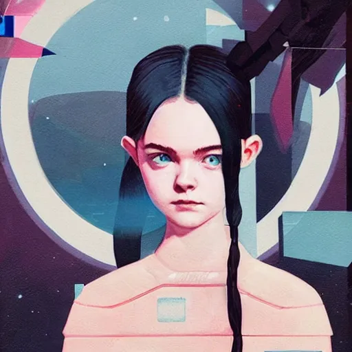 Prompt: Elle Fanning in Halo 2 and Prey picture by Sachin Teng, asymmetrical, dark vibes, Realistic Painting , Organic painting, Matte Painting, geometric shapes, hard edges, graffiti, street art:2 by Sachin Teng:4