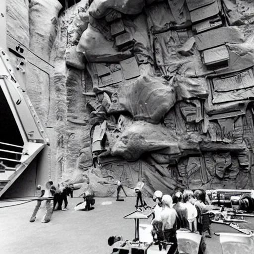 Image similar to a scene from behind the filming of aliens in 1 9 8 6, miniature sets of a sci - fi building cut into the wall of a mountain, detailed, miniature photography, futuristic