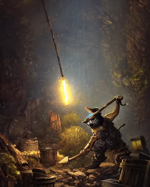 Image similar to oil painting of raccoon mining gold with pickaxe, close shot, full body, dark steampunk mine shaft background, sharp focus, fantasy style, octane render, volumetric lighting, 8k high definition, by greg rutkowski, highly detailed, trending on art Station, dungeons and dragons artwork, centered