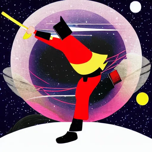 Image similar to Hovering samurai holding a bowling ball in space, bowling pins hovering around him, digital art