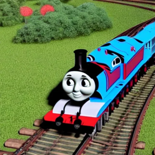 Prompt: thomas the tank engine t-posing over a bridge